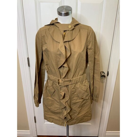 Tory Burch Long Brown Hooded Trench Coat W/ Ruffle Front, Size 6 - Picture 1 of 6